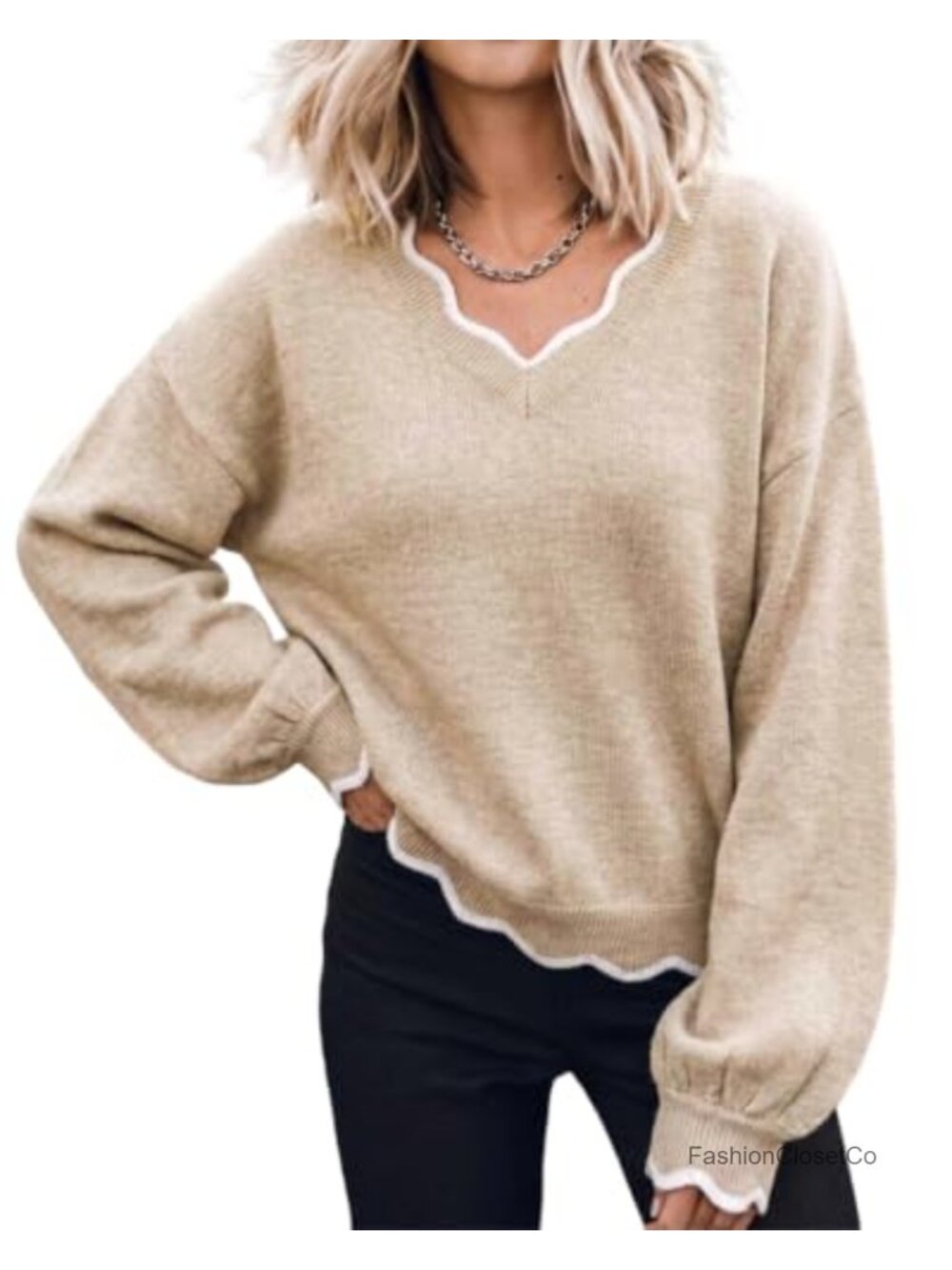 V-Neck Loose Lantern-Sleeve Knit Pullover Sweater Scallop Trim